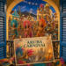 AI-generated illustration of a balcony overlooking a colorful carnival parade with musicians and a postcard about Aruba Carnival.
