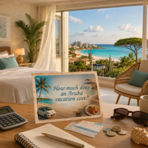 AI-generated illustration of a hotel room overlooking the Aruban coast, with a calculator, travel budget and postcard about vacation costs.
