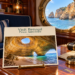 AI illustration with a postcard for Visit Benagil — From Albufeira, beside a window overlooking the Algarve.