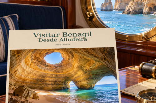 Ilustración con IA de una postal sobre Visitar Benagil — Desde Albufeira, junto a una ventana con vistas al Algarve.