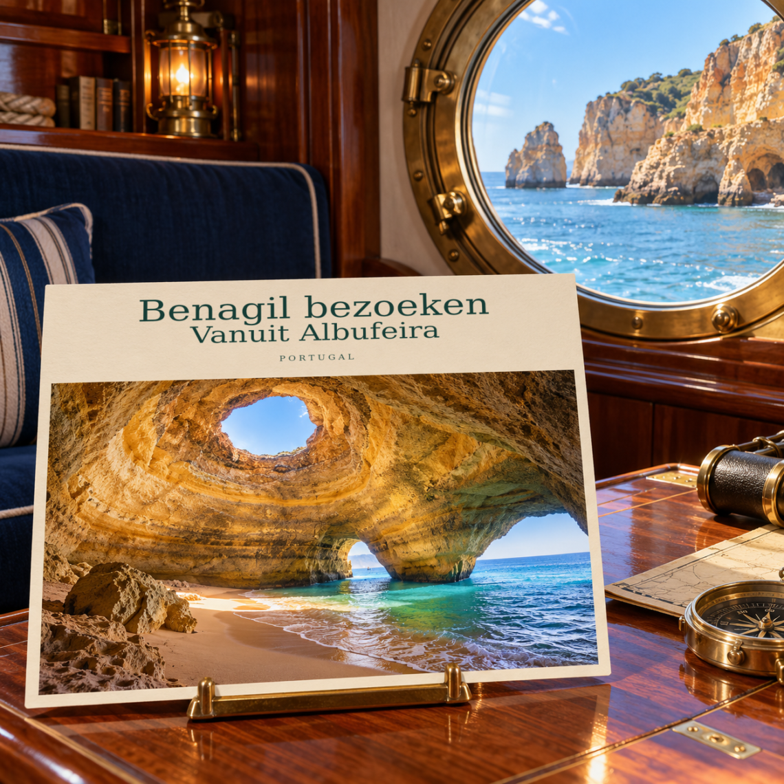 AI-illustratie in ansichtkaartstijl voor Benagil vanuit Albufeira.