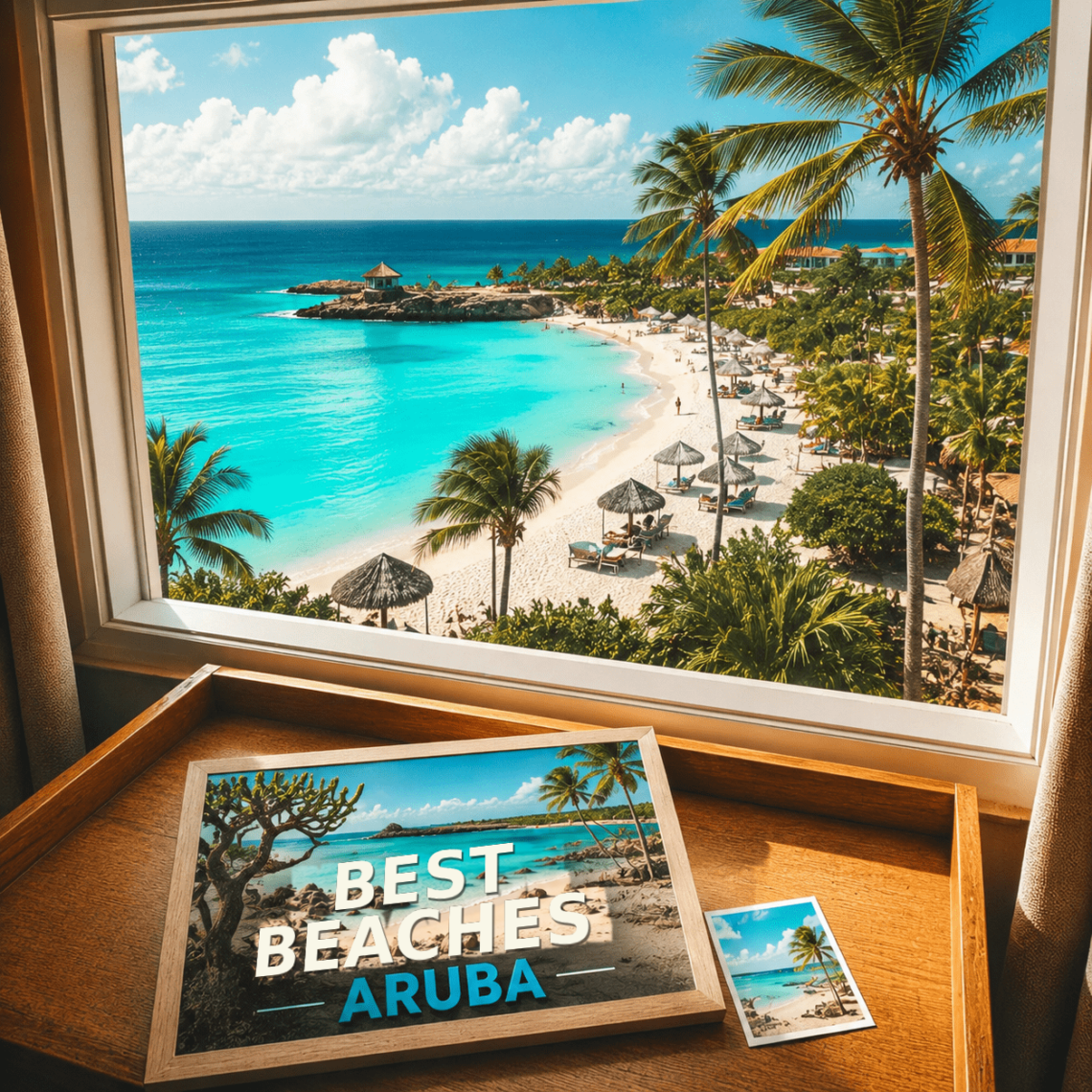 AI-generated illustration of a room overlooking a white-sand beach, turquoise sea and palms in Aruba, with a beach postcard.