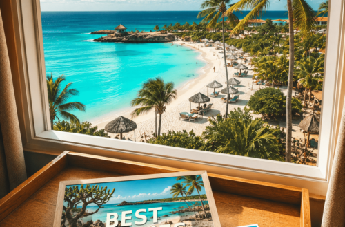 AI-generated illustration of a room overlooking a white-sand beach, turquoise sea and palms in Aruba, with a beach postcard.