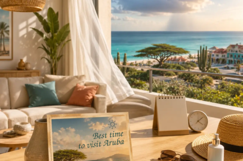 AI-generated illustration of a room overlooking the Aruban coast and a passing rain shower, with a calendar and a postcard about the best time to visit.