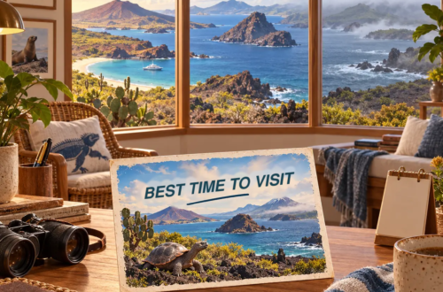 AI-generated illustration of a room overlooking sunny and misty Galápagos landscapes, with a postcard about the best time to visit.