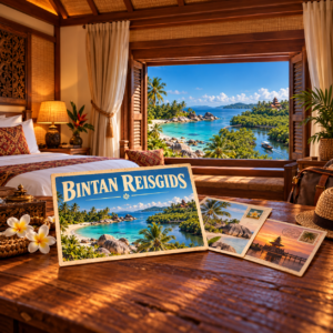 AI-sfeerillustratie met een Bintan-ansichtkaart in een hotelkamer en een samengesteld uitzicht op strand, mangroves en tempel