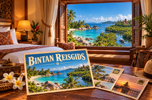 AI-sfeerillustratie met een Bintan-ansichtkaart in een hotelkamer en een samengesteld uitzicht op strand, mangroves en tempel