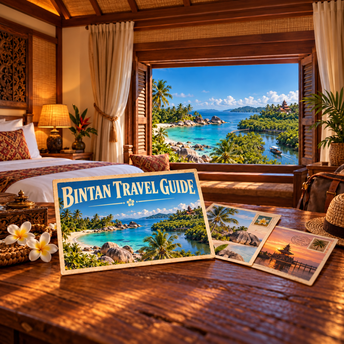 AI-generated illustration of postcards in a hotel room, showing Bintan's coast, a temple, and mangroves