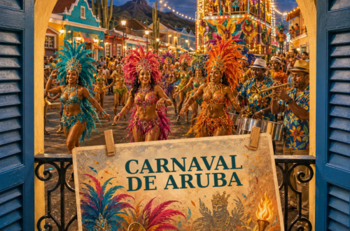 Ilustración generada con IA de un balcón con vistas a un desfile de carnaval con músicos y una postal del carnaval de Aruba.