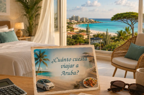 Ilustración generada con IA de una habitación con vistas a la costa de Aruba, calculadora, presupuesto de viaje y una postal sobre el costo de las vacaciones.