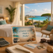 Ilustración generada con IA de una habitación con vistas a la costa de Aruba, calculadora, presupuesto de viaje y una postal sobre el costo de las vacaciones.