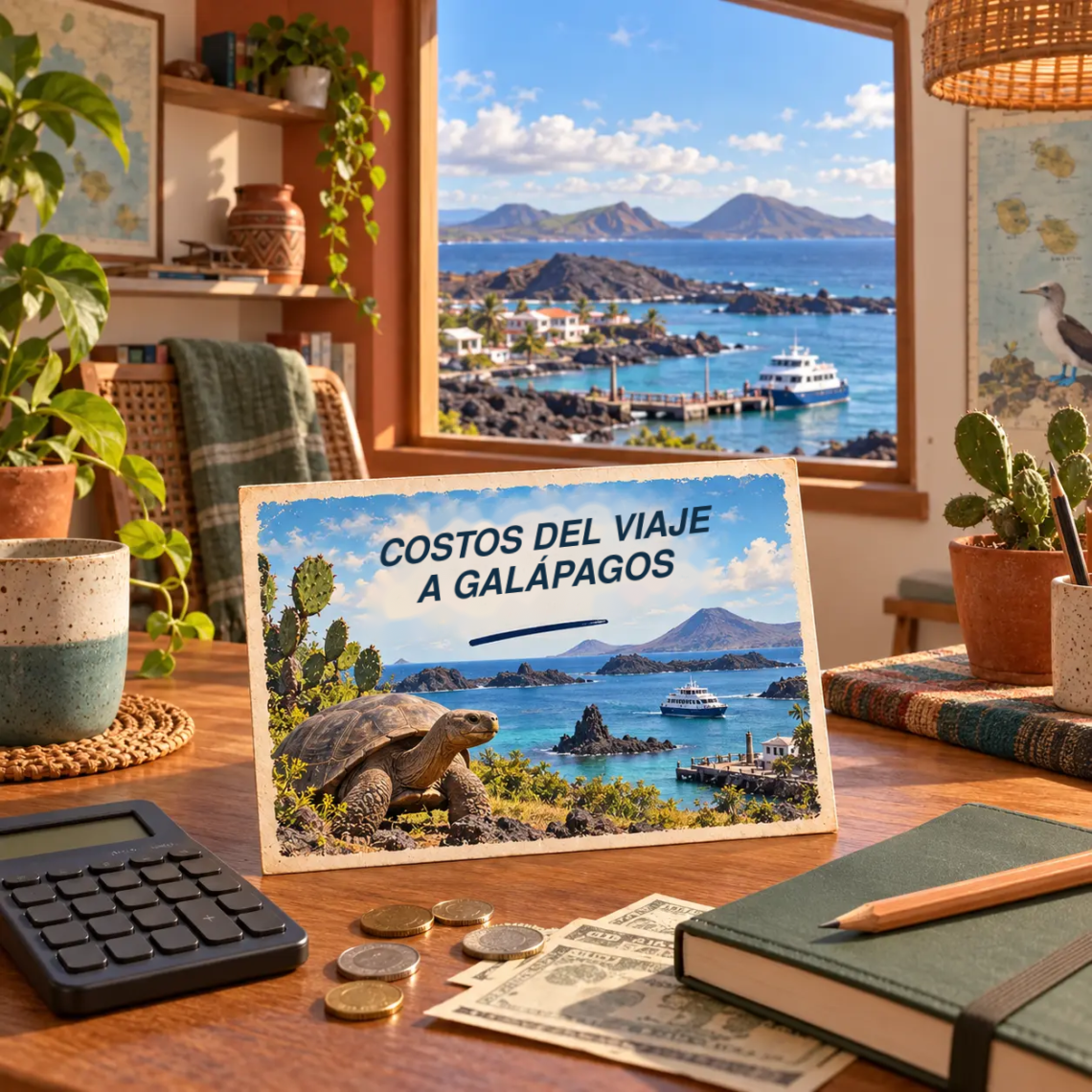 Ilustración generada con IA de una habitación con calculadora, presupuesto de viaje y una postal, con vistas a un puerto y las islas volcánicas de Galápagos.