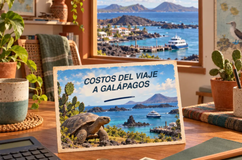 Ilustración generada con IA de una habitación con calculadora, presupuesto de viaje y una postal, con vistas a un puerto y las islas volcánicas de Galápagos.
