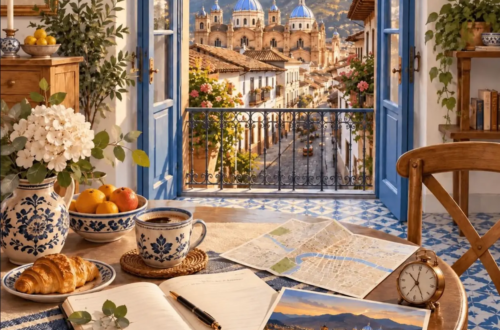 Ilustración generada con IA de una habitación con vistas a la catedral de Cuenca y una postal sobre un itinerario de dos o tres días.