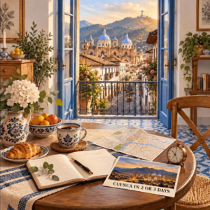 AI-generated illustration of a room overlooking Cuenca’s cathedral, with a postcard for a two- or three-day itinerary.