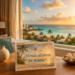 Ilustración generada con IA de una habitación con vistas a la playa y los resorts de Aruba al atardecer, con una postal sobre dónde alojarse.
