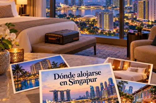 Ilustración generada con IA en estilo postal para Dónde alojarse en Singapur