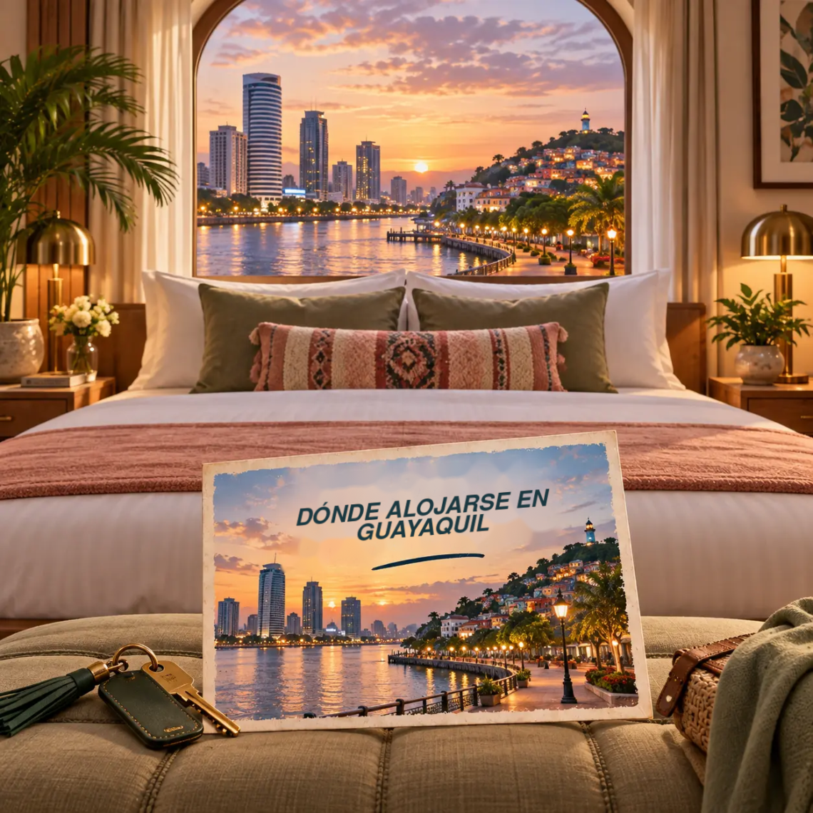 Ilustración generada con IA de una habitación con vistas al río y al perfil urbano de Guayaquil al atardecer, con una postal sobre dónde alojarse.