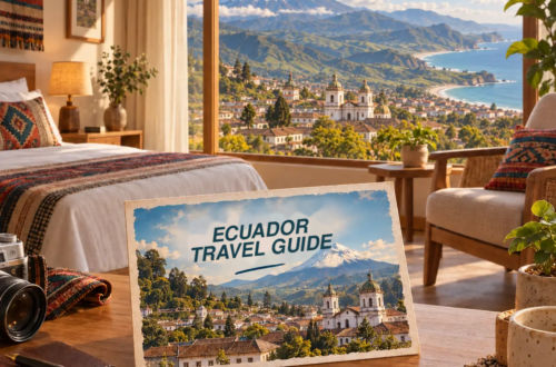 AI-generated illustration of a hotel room with a combined view of the Andes, an Ecuadorian city and the coast, with an Ecuador travel guide postcard.
