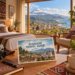 AI-generated illustration of a hotel room with a combined view of the Andes, an Ecuadorian city and the coast, with an Ecuador travel guide postcard.