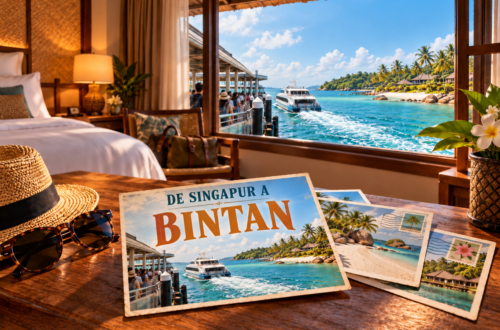 Ilustración generada con IA de unas postales en una habitación, con un ferry junto a la costa de Bintan