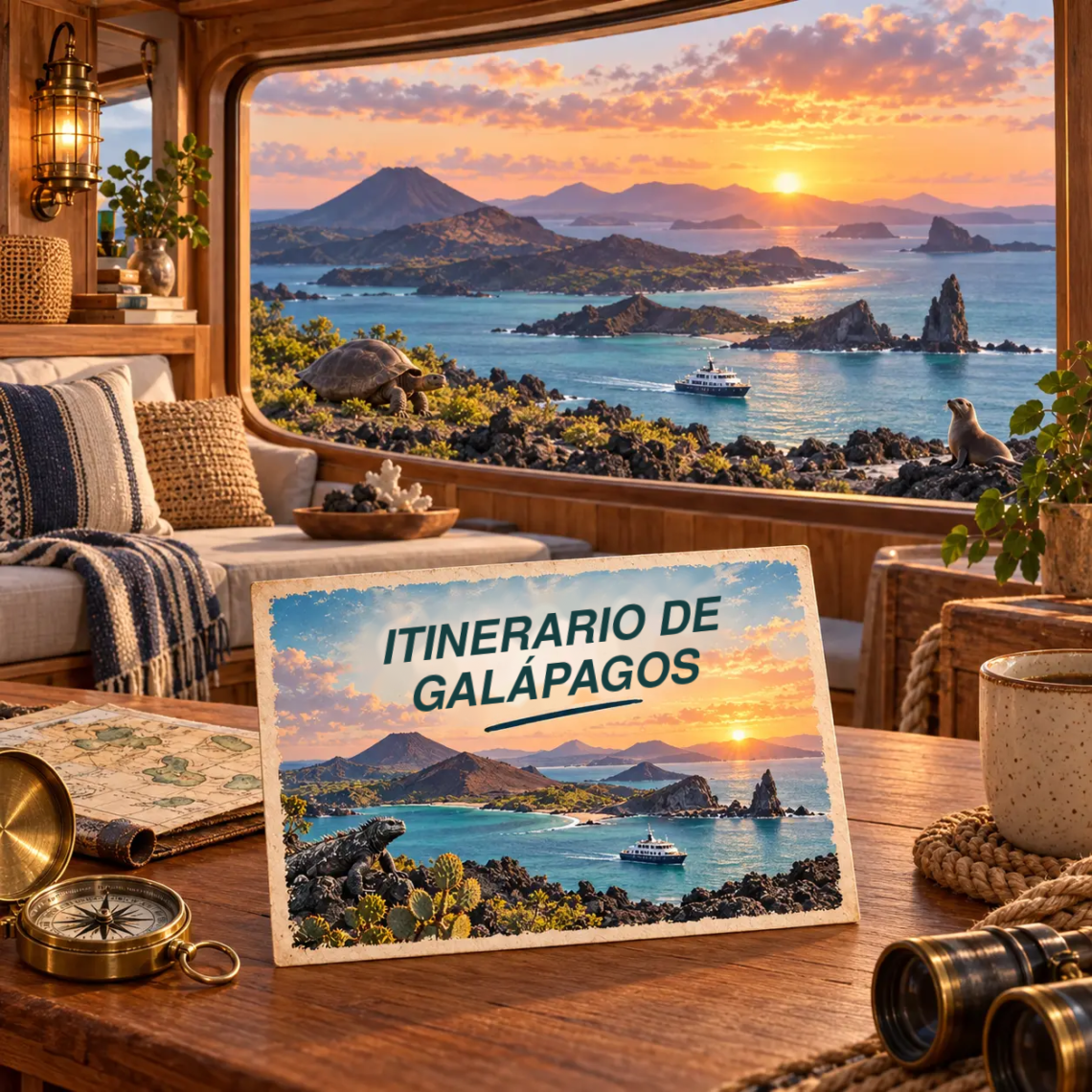 Ilustración generada con IA de una habitación con vistas a las islas volcánicas de Galápagos al atardecer y una postal sobre un itinerario por las islas.