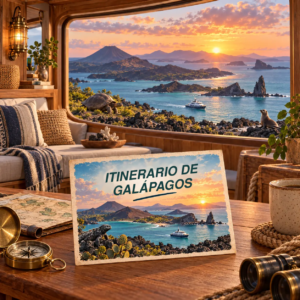 Ilustración generada con IA de una habitación con vistas a las islas volcánicas de Galápagos al atardecer y una postal sobre un itinerario por las islas.