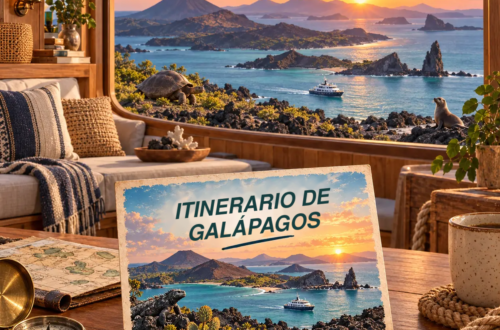 Ilustración generada con IA de una habitación con vistas a las islas volcánicas de Galápagos al atardecer y una postal sobre un itinerario por las islas.