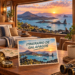 Ilustración generada con IA de una habitación con vistas a las islas volcánicas de Galápagos al atardecer y una postal sobre un itinerario por las islas.