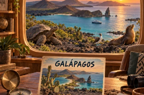 AI-generated illustration of a coastal room overlooking volcanic Galápagos islands at sunset, with wildlife and a Galápagos postcard.