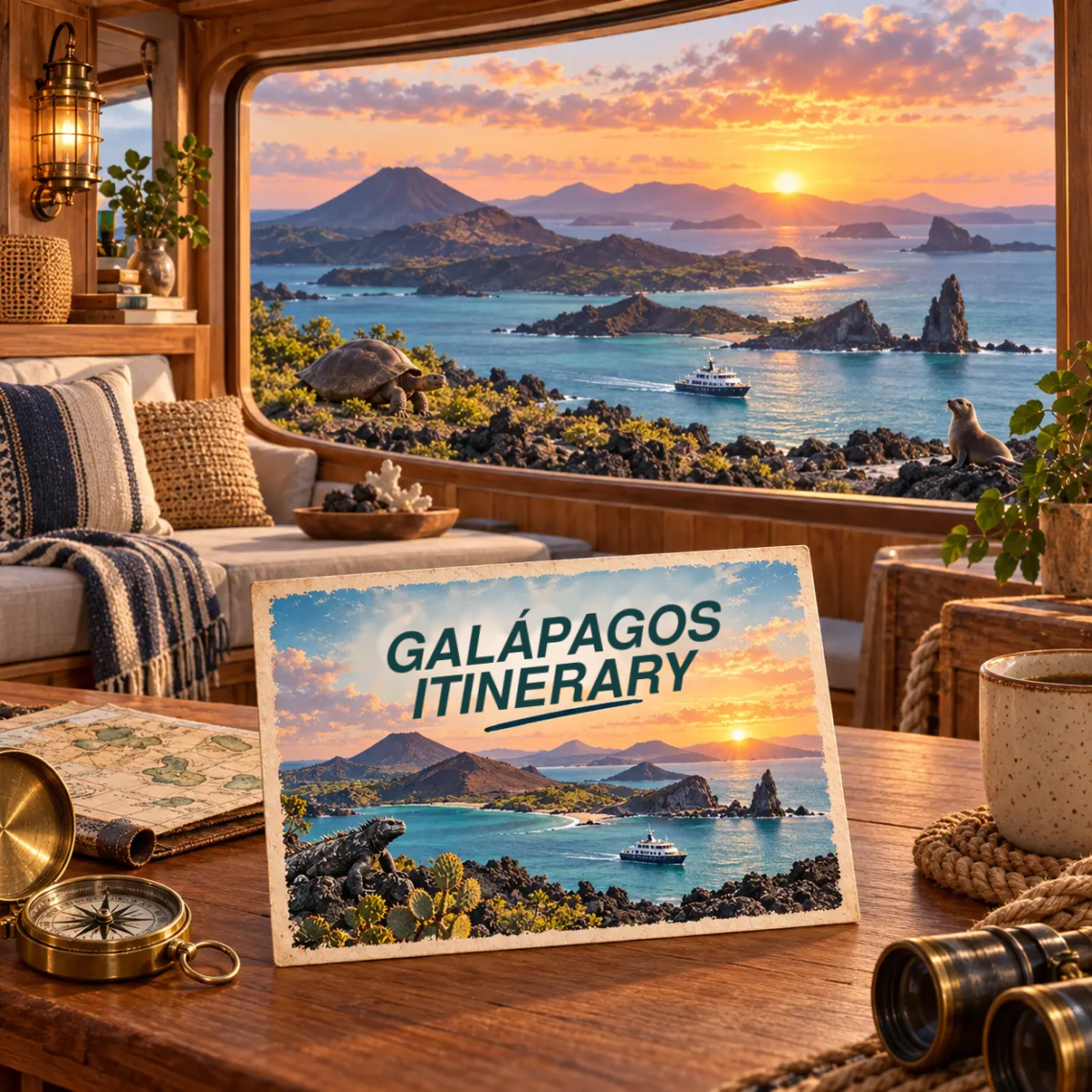 AI-generated illustration of a room overlooking volcanic Galápagos islands at sunset, with a postcard about an island itinerary.