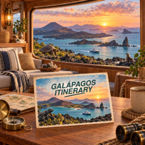 AI-generated illustration of a room overlooking volcanic Galápagos islands at sunset, with a postcard about an island itinerary.