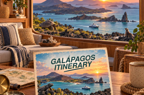 AI-generated illustration of a room overlooking volcanic Galápagos islands at sunset, with a postcard about an island itinerary.