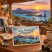 AI-generated illustration of a room overlooking volcanic Galápagos islands at sunset, with a postcard about an island itinerary.