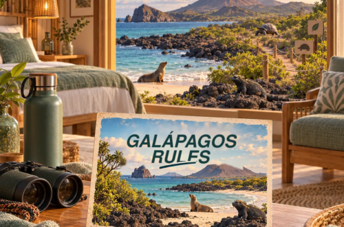 AI-generated illustration of an ecolodge overlooking a protected Galápagos shore with a sea lion, iguana and tortoise, beside a postcard about visitor rules.