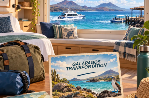 AI-generated illustration of a coastal room overlooking boats and an airplane near the Galápagos islands, with a transportation postcard.