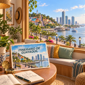 Ilustración generada con IA de una habitación con vistas al malecón de Guayaquil, Las Peñas y su faro, con una postal sobre un itinerario.