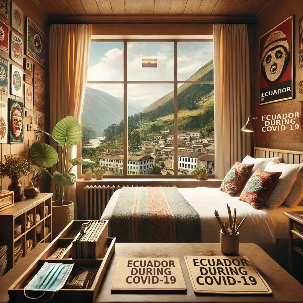 AI-generated illustration of a hotel room overlooking an Ecuadorian mountain town, with a face mask and travel books about Ecuador during the pandemic.