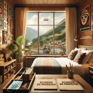 Ilustración generada con IA de una habitación con vistas a una ciudad de montaña ecuatoriana, una mascarilla y libros sobre Ecuador durante la pandemia.