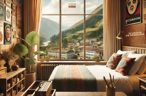 Ilustración generada con IA de una habitación con vistas a una ciudad de montaña ecuatoriana, una mascarilla y libros sobre Ecuador durante la pandemia.