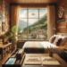 Ilustración generada con IA de una habitación con vistas a una ciudad de montaña ecuatoriana, una mascarilla y libros sobre Ecuador durante la pandemia.