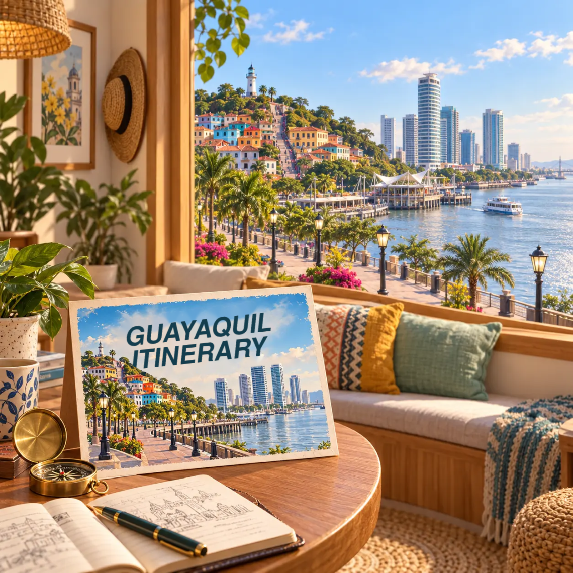 AI-generated illustration of a room overlooking Guayaquil’s riverfront, Las Peñas and its lighthouse, with an itinerary postcard.