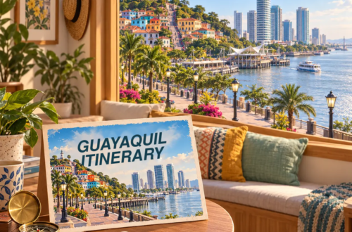 AI-generated illustration of a room overlooking Guayaquil’s riverfront, Las Peñas and its lighthouse, with an itinerary postcard.