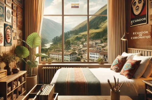 AI-illustratie van een hotelkamer met uitzicht op een Ecuadoraanse bergstad, een mondkapje en reisboeken over Ecuador in coronatijd.