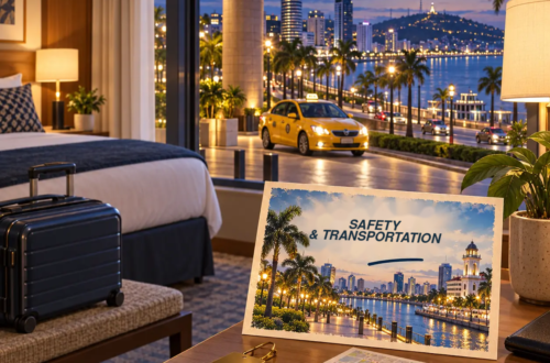 AI-generated illustration of a hotel room overlooking a yellow taxi and Guayaquil’s illuminated riverfront, with a safety and transportation postcard.