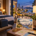 AI-generated illustration of a hotel room overlooking a yellow taxi and Guayaquil’s illuminated riverfront, with a safety and transportation postcard.
