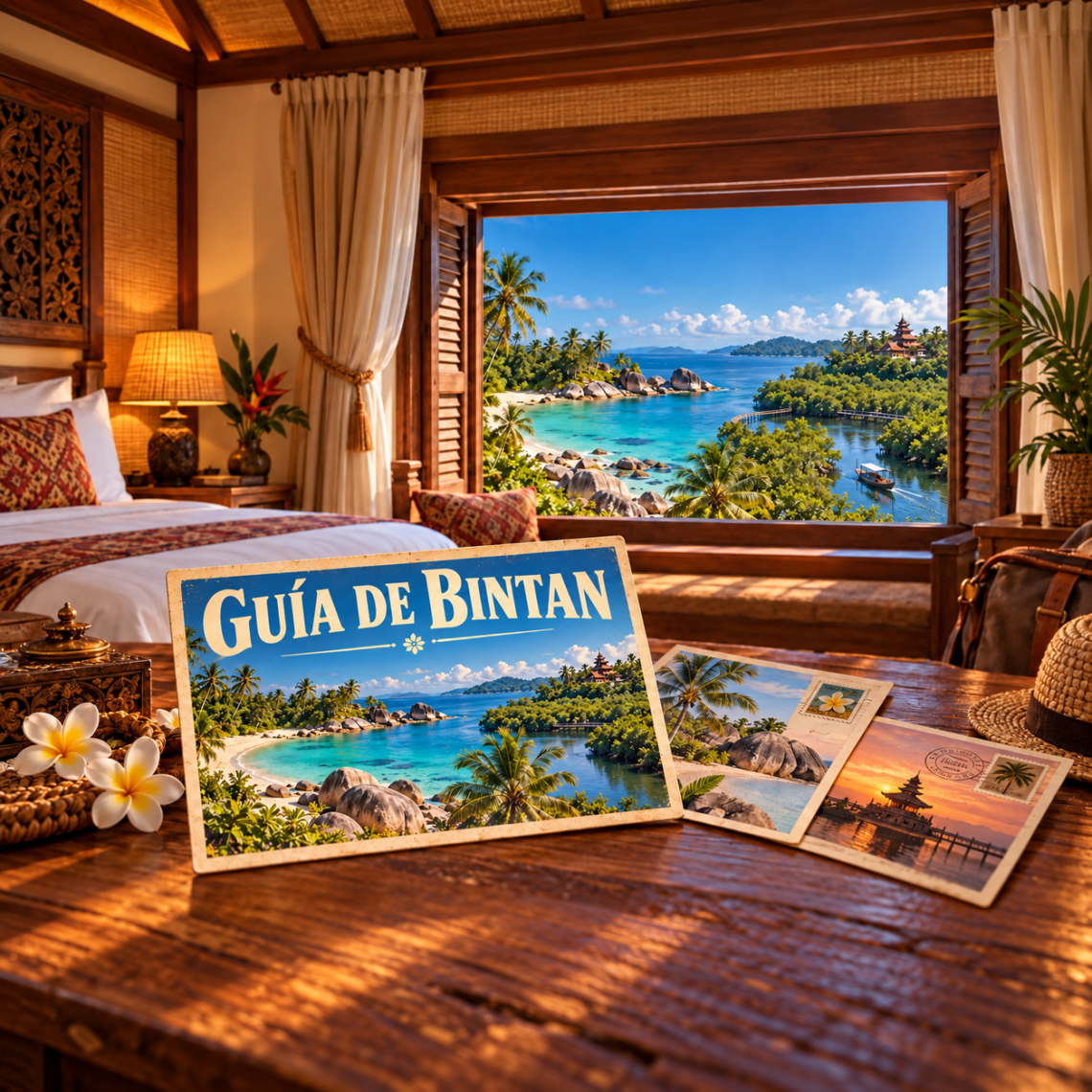 Ilustración generada con IA de unas postales en una habitación, con la costa, un templo y manglares de Bintan