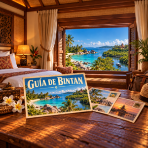 Ilustración generada con IA de unas postales en una habitación, con la costa, un templo y manglares de Bintan