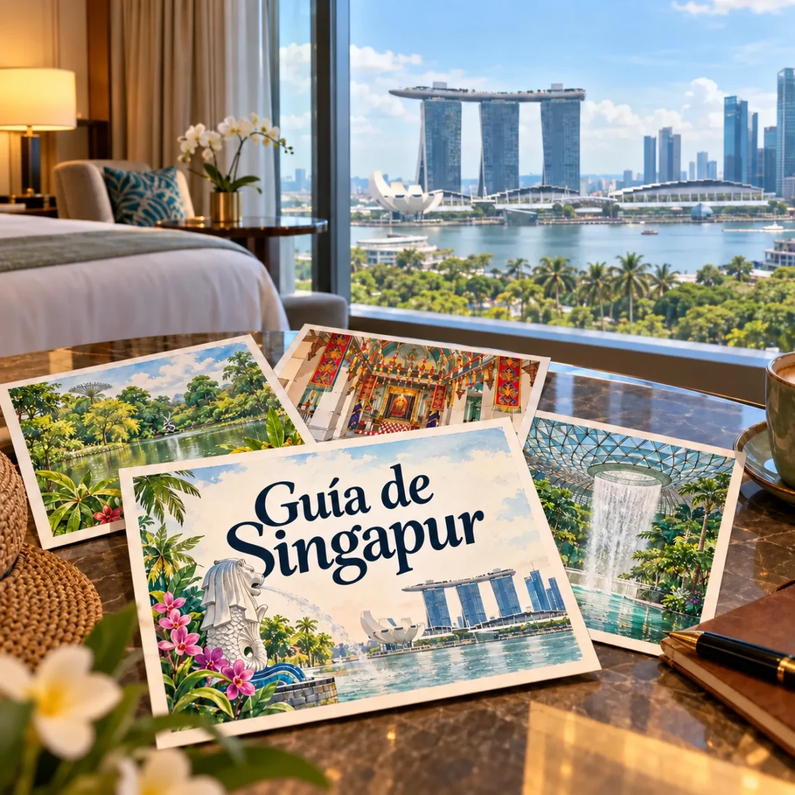 Ilustración generada con IA en estilo postal para Guía de Singapur