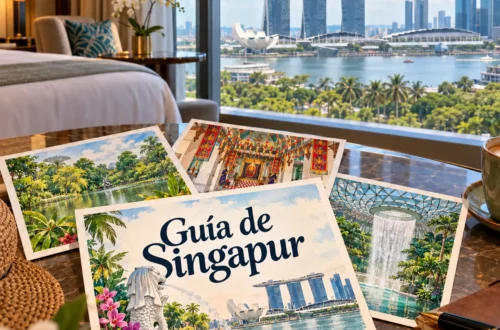 Ilustración generada con IA en estilo postal para Guía de Singapur